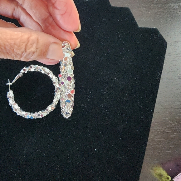 Silver Sequin Hoop Earrings - Women's Fashion Jewelry - Picture 2 of 5